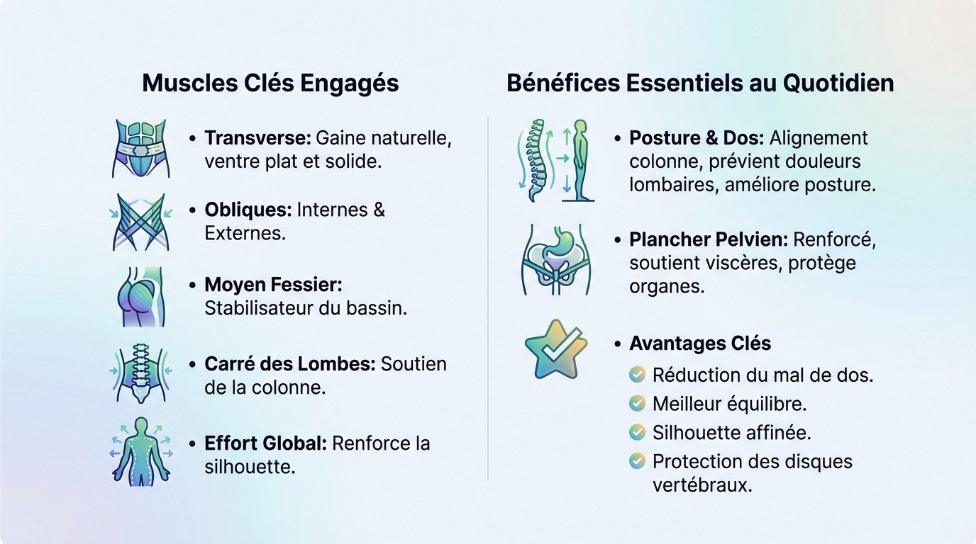Infographie montrant les muscles sollicités par le gainage latéral et les bénéfices posturaux