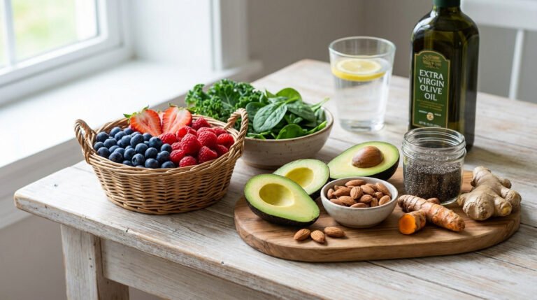 A vibrant spread of anti-inflammatory foods: berries, greens, avocado, almonds, chia, turmeric, ginger, olive oil, and lemon water on a wooden table.