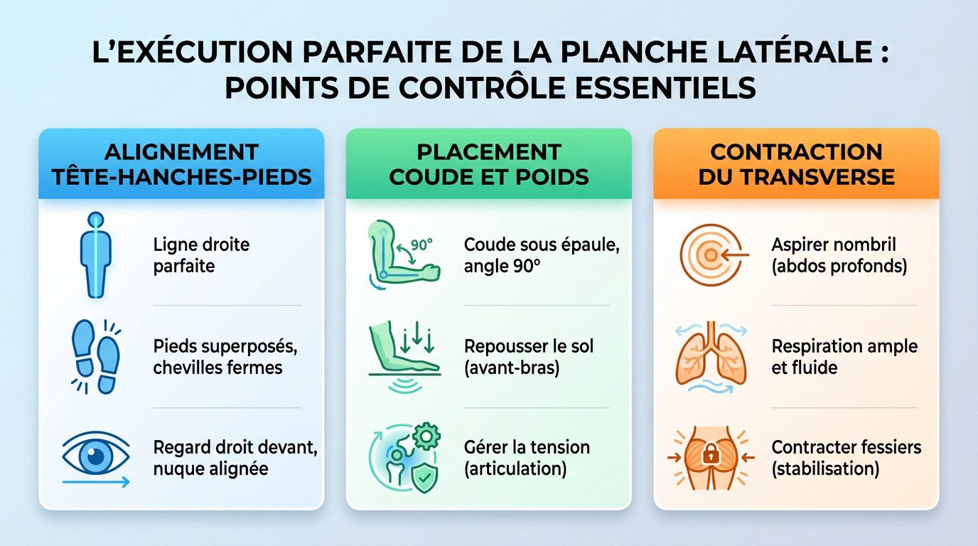 Illustration des points de contrôle essentiels pour une planche latérale parfaite : alignement et placement du coude