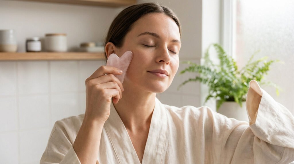 Une femme applique un outil gua sha en quartz rose sur son visage, yeux clos. Scène de soin facial relaxant.