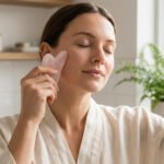 Une femme applique un outil gua sha en quartz rose sur son visage, yeux clos. Scène de soin facial relaxant.