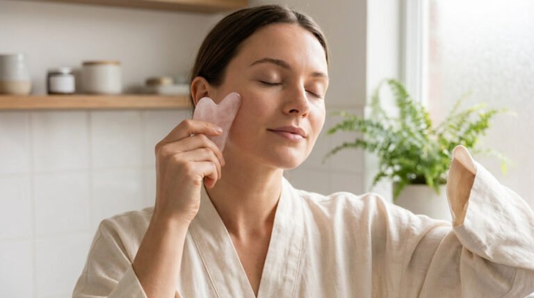 Une femme applique un outil gua sha en quartz rose sur son visage, yeux clos. Scène de soin facial relaxant.