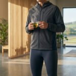 Une personne en tenue de sport tient une tasse de thé fumante dans un intérieur moderne, évoquant la Maison thé et sport.