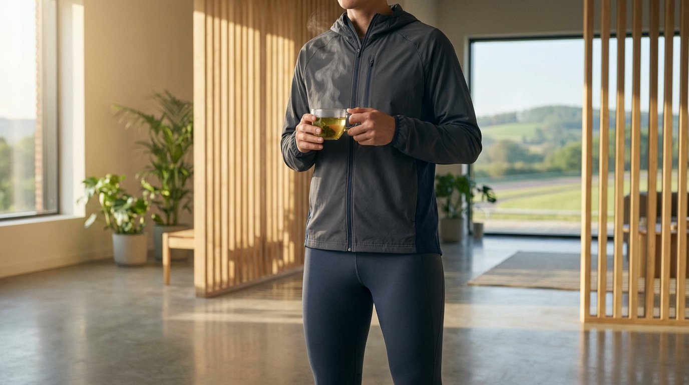 Une personne en tenue de sport tient une tasse de thé fumante dans un intérieur moderne, évoquant la Maison thé et sport.
