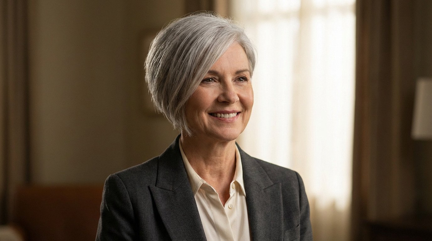 Portrait d'une femme de 60 ans avec une coupe de cheveux asymétrique