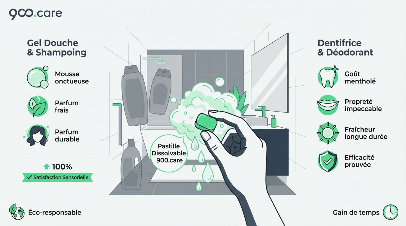 Produits 900.care rechargeables dans une salle de bain écologique