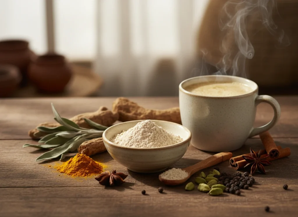 Composition naturelle de médecine ayurvédique sur une table en bois : poudre de shatavari dans un petit bol en céramique, feuilles de sauge, racines d’ashwagandha, épices indiennes, cuillère en bois, tasse de lait chaud aux plantes