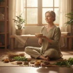 Femme mature sereine d’environ 50 ans pratiquant un rituel ayurvédique dans une ambiance chaleureuse et naturelle, assise sur un tapis de yoga dans une pièce lumineuse, tenant un petit bol d’huile chaude pour un massage Abhyanga