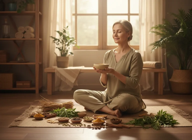 Femme mature sereine d’environ 50 ans pratiquant un rituel ayurvédique dans une ambiance chaleureuse et naturelle, assise sur un tapis de yoga dans une pièce lumineuse, tenant un petit bol d’huile chaude pour un massage Abhyanga