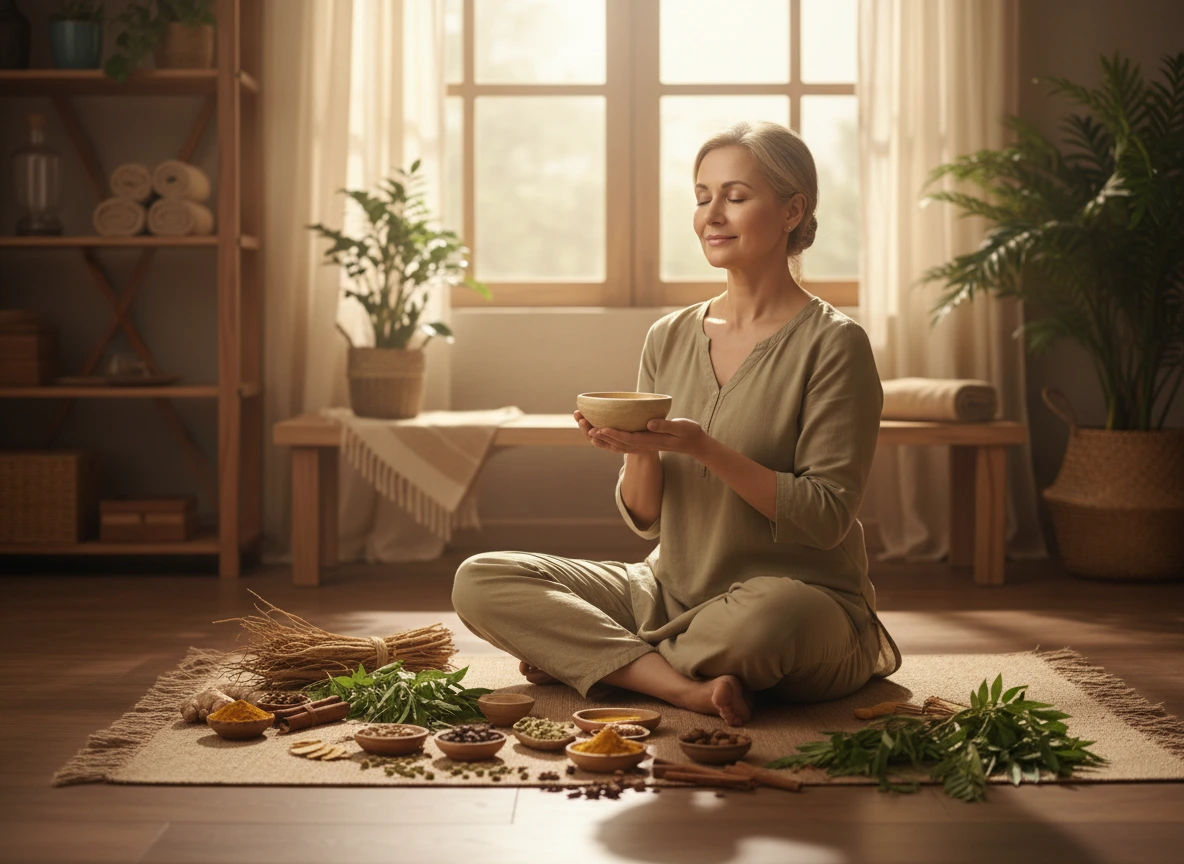 Femme mature sereine d’environ 50 ans pratiquant un rituel ayurvédique dans une ambiance chaleureuse et naturelle, assise sur un tapis de yoga dans une pièce lumineuse, tenant un petit bol d’huile chaude pour un massage Abhyanga