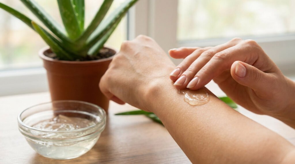 Gros plan sur une main appliquant du gel d'aloe vera sur la peau d'un bras. Une plante et un bol de gel sont visibles en arrière-plan.