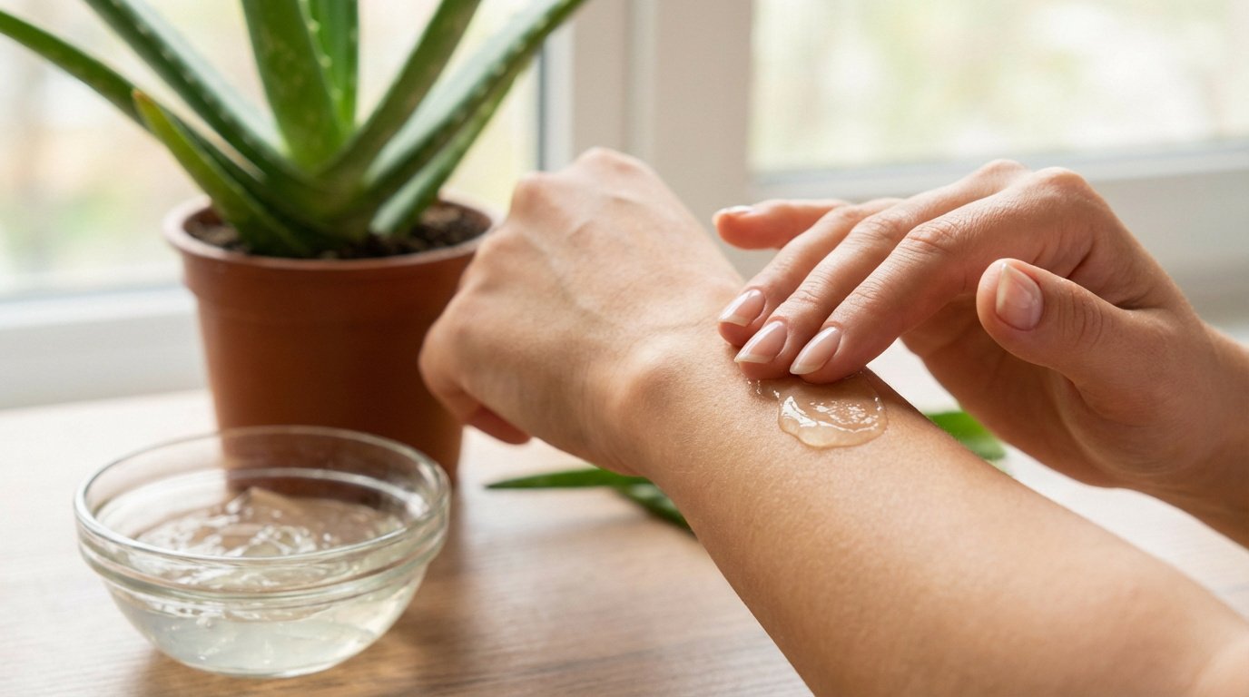 Gros plan sur une main appliquant du gel d'aloe vera sur la peau d'un bras. Une plante et un bol de gel sont visibles en arrière-plan.