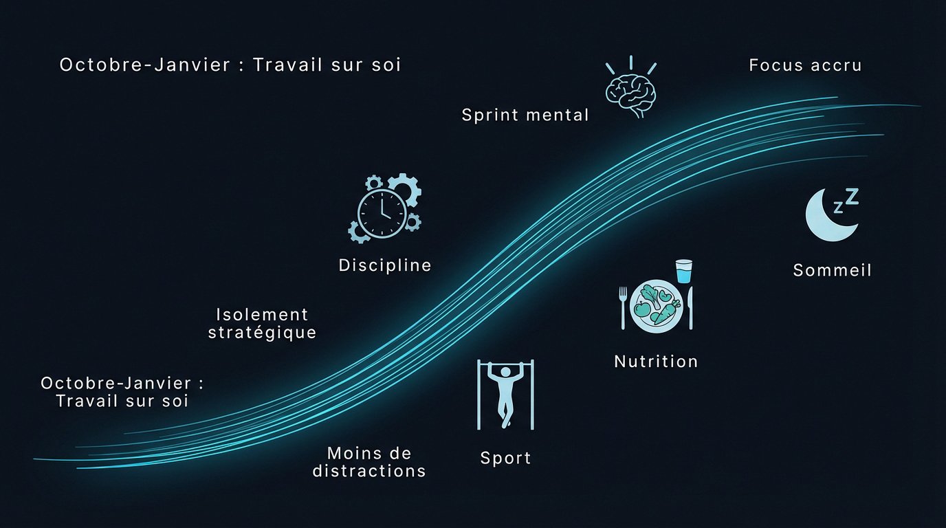 Un homme s'entraînant avec détermination sous la neige pour son winter arc