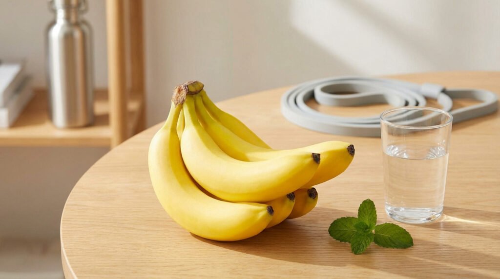 Grappe de bananes mûres jaunes, verre d'eau, et menthe fraîche sur table en bois clair. Fond flou avec bouteille métallique.