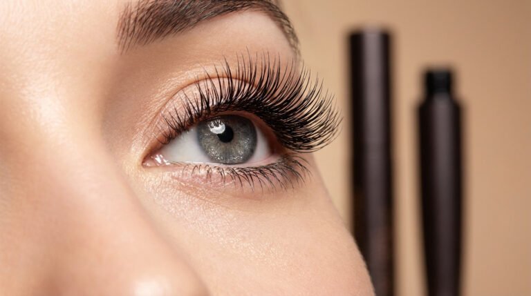 Gros plan sur un œil avec des cils noirs longs et volumineux. Deux tubes de mascara flous sont visibles en arrière-plan.