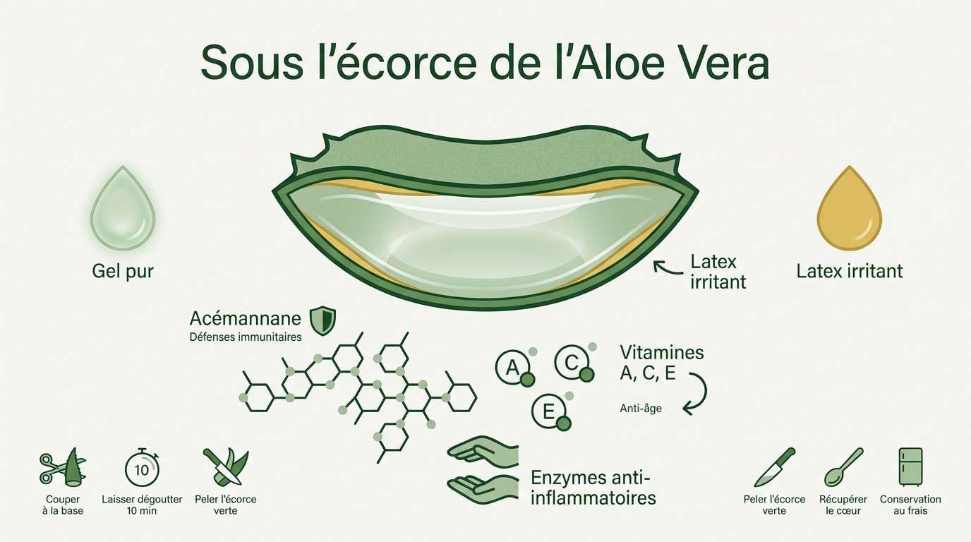 Structure interne d'une feuille d'aloe vera montrant le gel et le latex