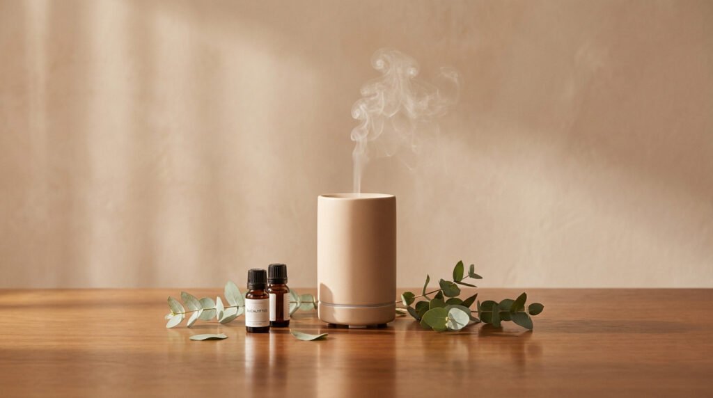 Un diffuseur beige émettant de la vapeur, avec des flacons d'huiles essentielles d'eucalyptus et des feuilles sur une table en bois.