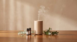 Un diffuseur beige émettant de la vapeur, avec des flacons d'huiles essentielles d'eucalyptus et des feuilles sur une table en bois.