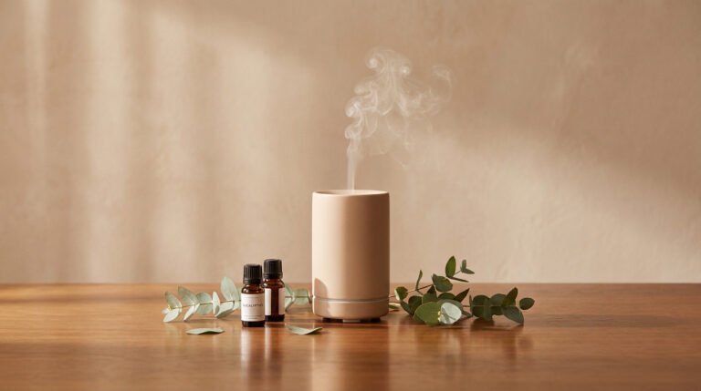 Un diffuseur beige émettant de la vapeur, avec des flacons d'huiles essentielles d'eucalyptus et des feuilles sur une table en bois.