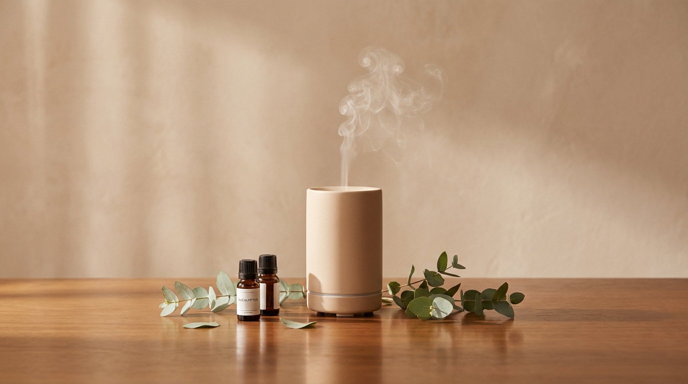 Un diffuseur beige émettant de la vapeur, avec des flacons d'huiles essentielles d'eucalyptus et des feuilles sur une table en bois.