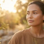 Portrait d'une femme à la peau hâlée et éclatante, souriante, dans une lumière dorée naturelle. Beauté Terracotta.