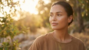 Portrait d'une femme à la peau hâlée et éclatante, souriante, dans une lumière dorée naturelle. Beauté Terracotta.