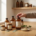 Main saisissant une bouteille "PURE WELLNESS" sur un comptoir en bois clair avec d'autres produits naturels.