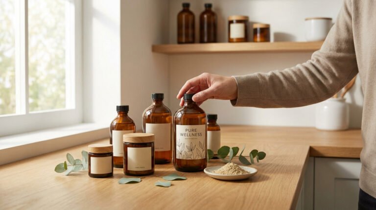 Main saisissant une bouteille "PURE WELLNESS" sur un comptoir en bois clair avec d'autres produits naturels.