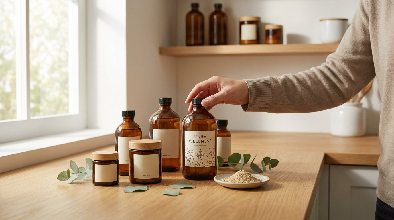 Main saisissant une bouteille "PURE WELLNESS" sur un comptoir en bois clair avec d'autres produits naturels.