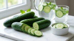 Concombres entiers et coupés sur marbre, avec pichet et verre d'eau infusée à la menthe et concombre près d'une fenêtre.