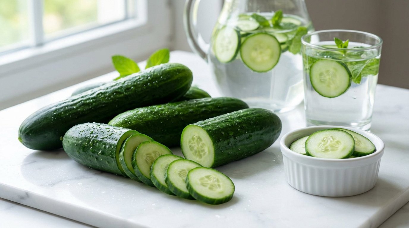 Concombres entiers et coupés sur marbre, avec pichet et verre d'eau infusée à la menthe et concombre près d'une fenêtre.