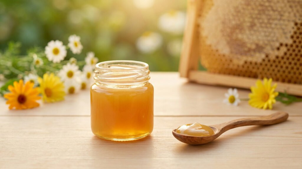 Pot de gelée royale crémeuse et cuillère pleine sur une table en bois clair. Fleurs et cadre de ruche en arrière-plan flou.