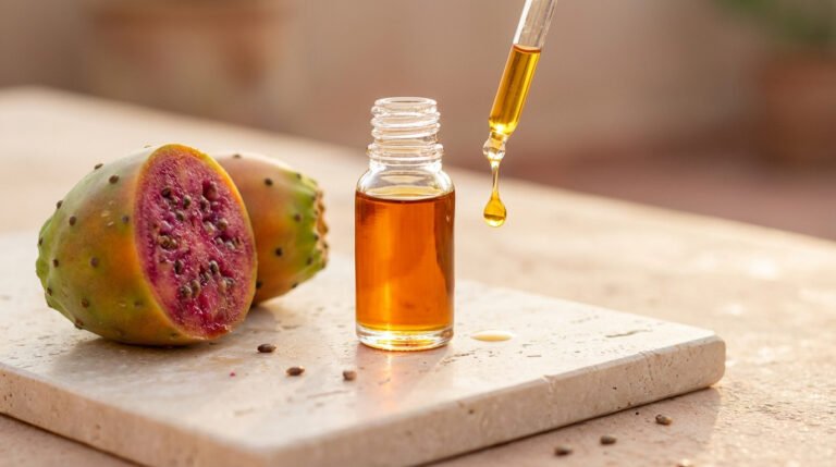 Flacon d'huile de figue de barbarie avec pipette et goutte, à côté d'une figue de barbarie coupée en deux.