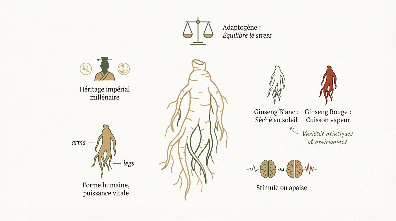 Illustration botanique d&eacute;taill&eacute;e de la racine de ginseng et de ses feuilles