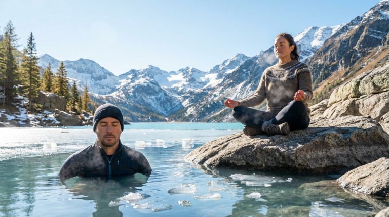 Deux personnes pratiquent la méthode Wim Hof: un bain froid dans un lac gelé et une méditation en montagne enneigée.