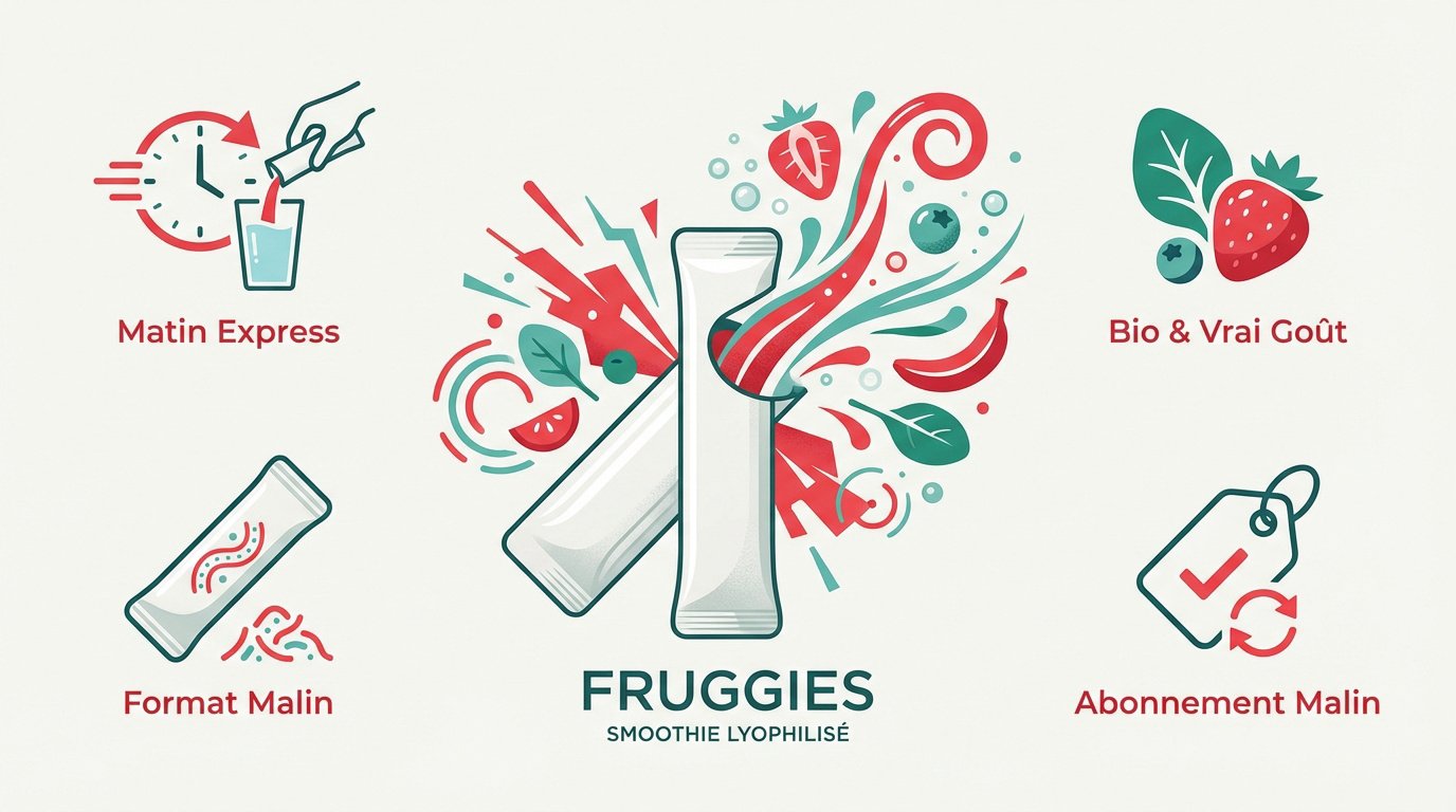 Infographie explicative sur le processus de lyophilisation des smoothies Fruggies