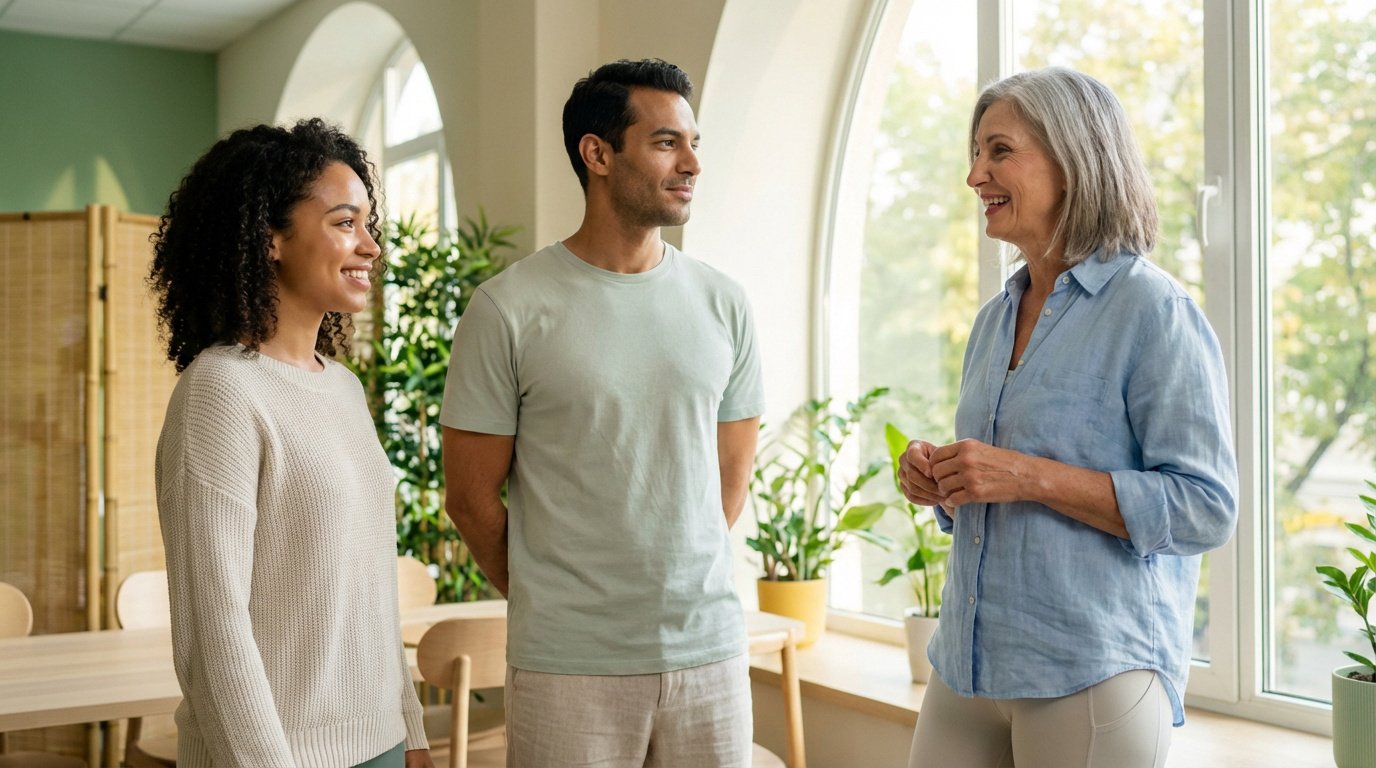 Trois personnes souriantes (deux jeunes, une femme âgée) discutent dans un intérieur lumineux et verdoyant. Bonne ambiance.