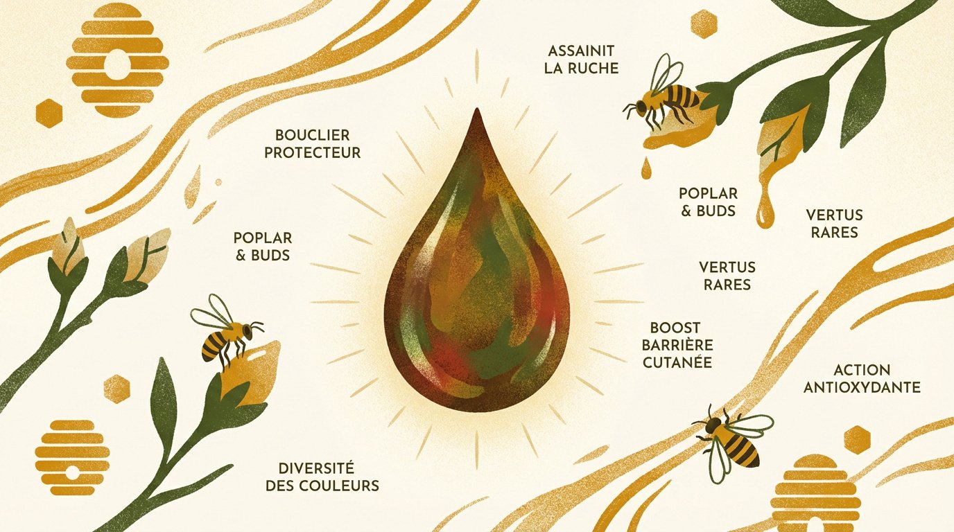 Abeille récoltant de la résine pour fabriquer de la propolis protectrice