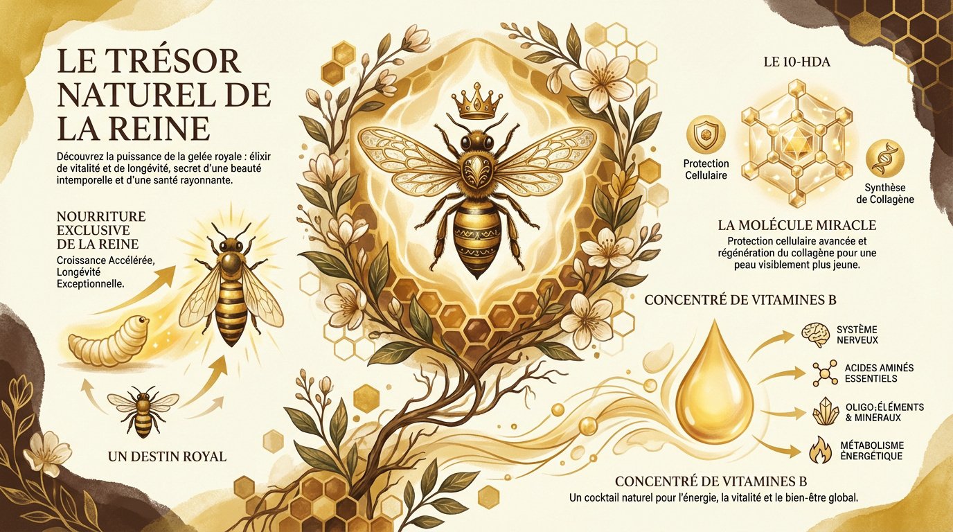 Abeille reine entourée de ses ouvrières consommant de la gelée royale