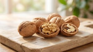 Plusieurs noix, certaines entières et d'autres ouvertes révélant leur cerneau doré, posées sur une planche en bois claire.