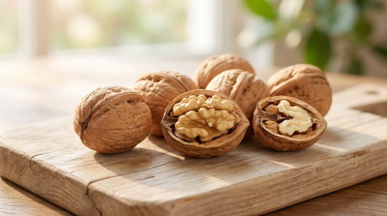 Plusieurs noix, certaines entières et d'autres ouvertes révélant leur cerneau doré, posées sur une planche en bois claire.