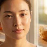 Portrait d'une femme à la peau éclatante, avec de la propolis brute et des rayons de miel en arrière-plan. La lumière naturelle souligne son teint.