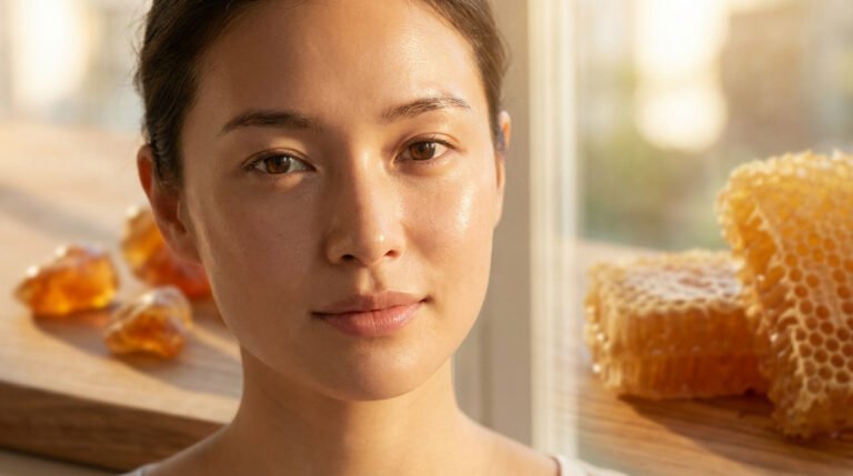 Portrait d'une femme à la peau éclatante, avec de la propolis brute et des rayons de miel en arrière-plan. La lumière naturelle souligne son teint.