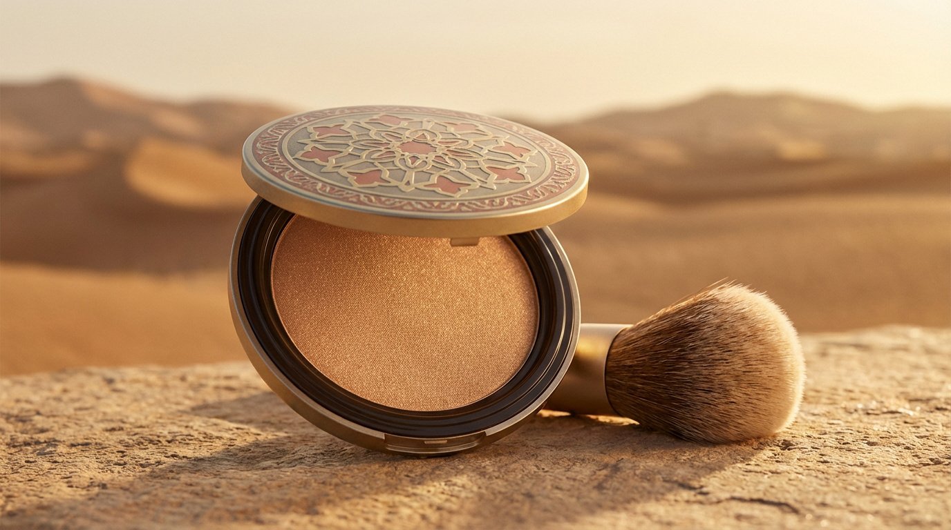 Poudre bronzante Guerlain Terracotta Golden Dunes ouverte, design doré-rouge, avec pinceau sur fond désertique.