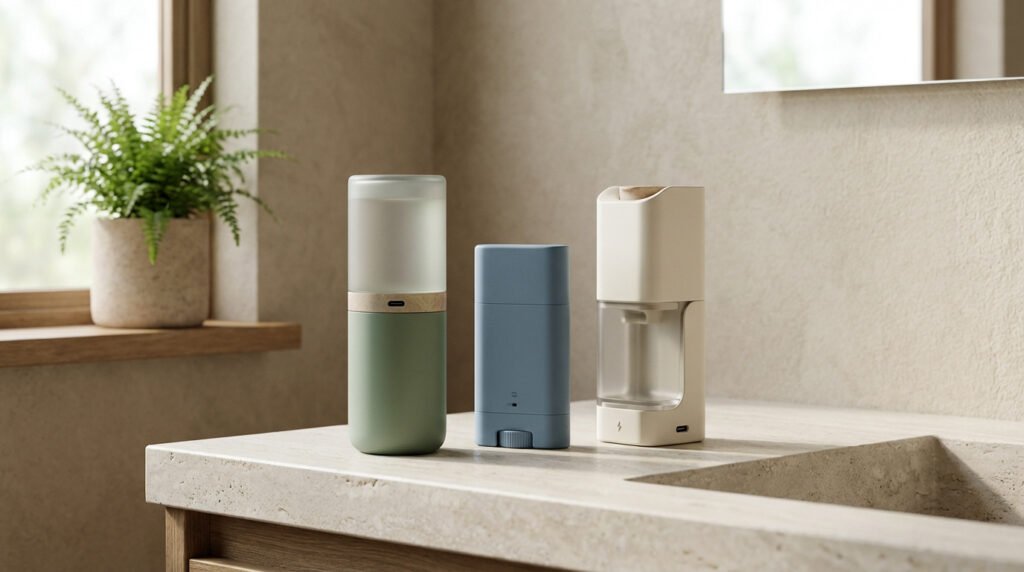 Trois produits d'hygiène 900 care zéro déchet, vert, bleu et beige, posés sur un comptoir de salle de bain. Plante en arrière-plan.