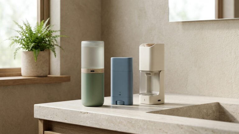 Trois produits d'hygiène 900 care zéro déchet, vert, bleu et beige, posés sur un comptoir de salle de bain. Plante en arrière-plan.