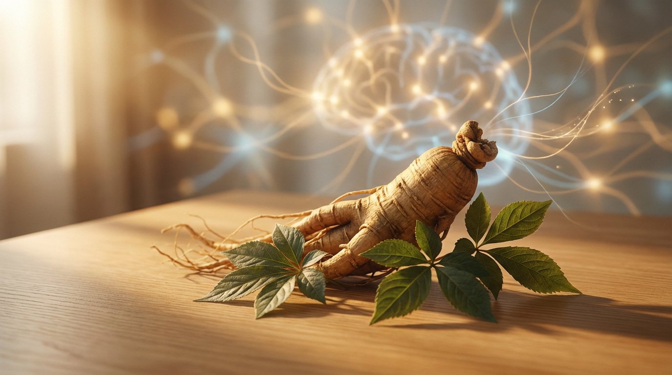 Racine de ginseng et feuilles sur table en bois. Cerveau lumineux et neurones en arrière-plan symbolisent la mémoire et la fonction cognitive.