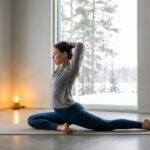 Femme en tenue de yoga, pratiquant une posture sur un tapis devant de grandes fenêtres. À l'extérieur, un paysage hivernal enneigé.