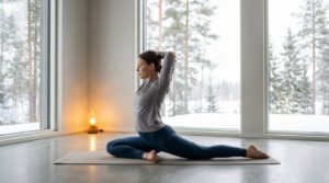 Femme en tenue de yoga, pratiquant une posture sur un tapis devant de grandes fenêtres. À l'extérieur, un paysage hivernal enneigé.