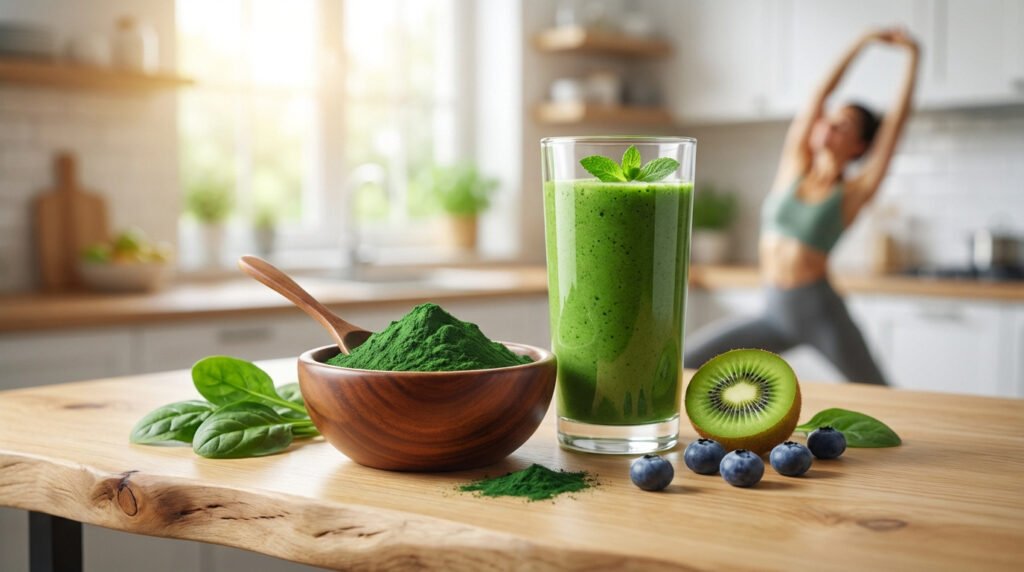 Un bol de spiruline en poudre, un smoothie vert, kiwi, myrtilles et épinards sur une table. Femme s'étirant en fond.